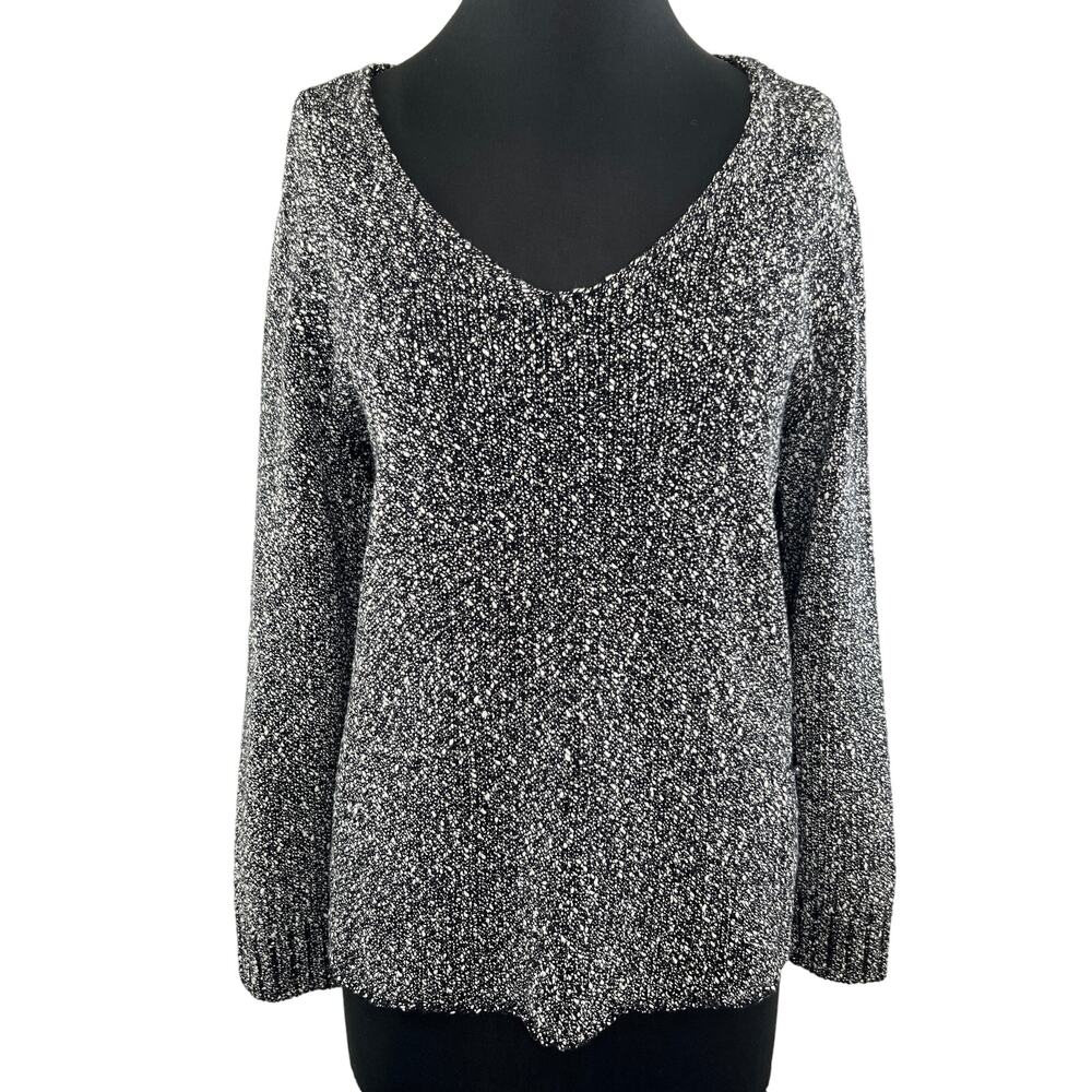 Eileen Fisher Black Marled Knit V-Neck Cotton Women's Pullover Sweater Size XL